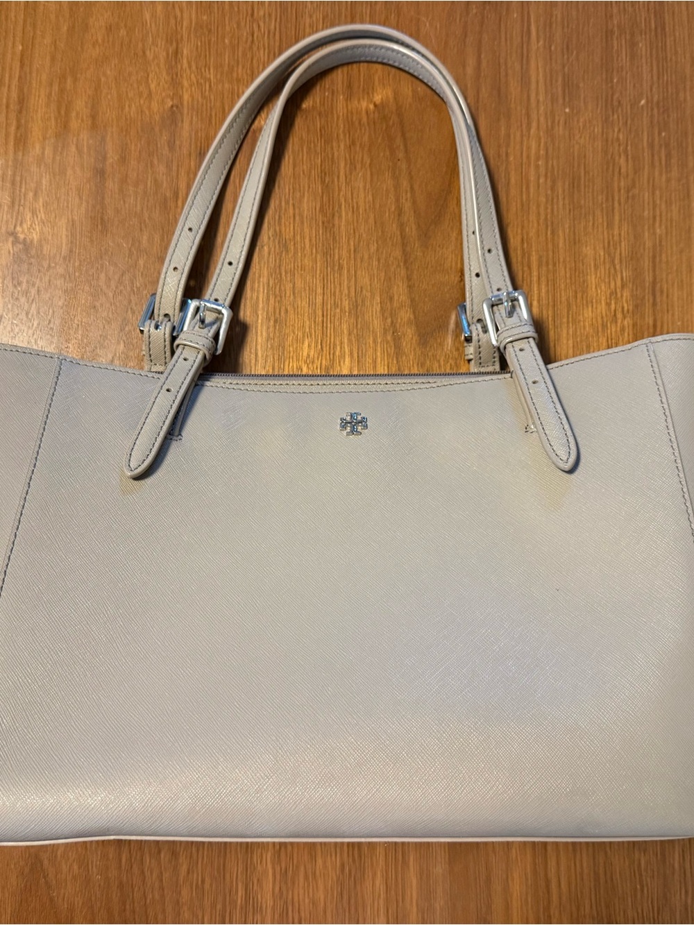 Tory Burch gray Saffiano Leather Tote with Adjustable Straps